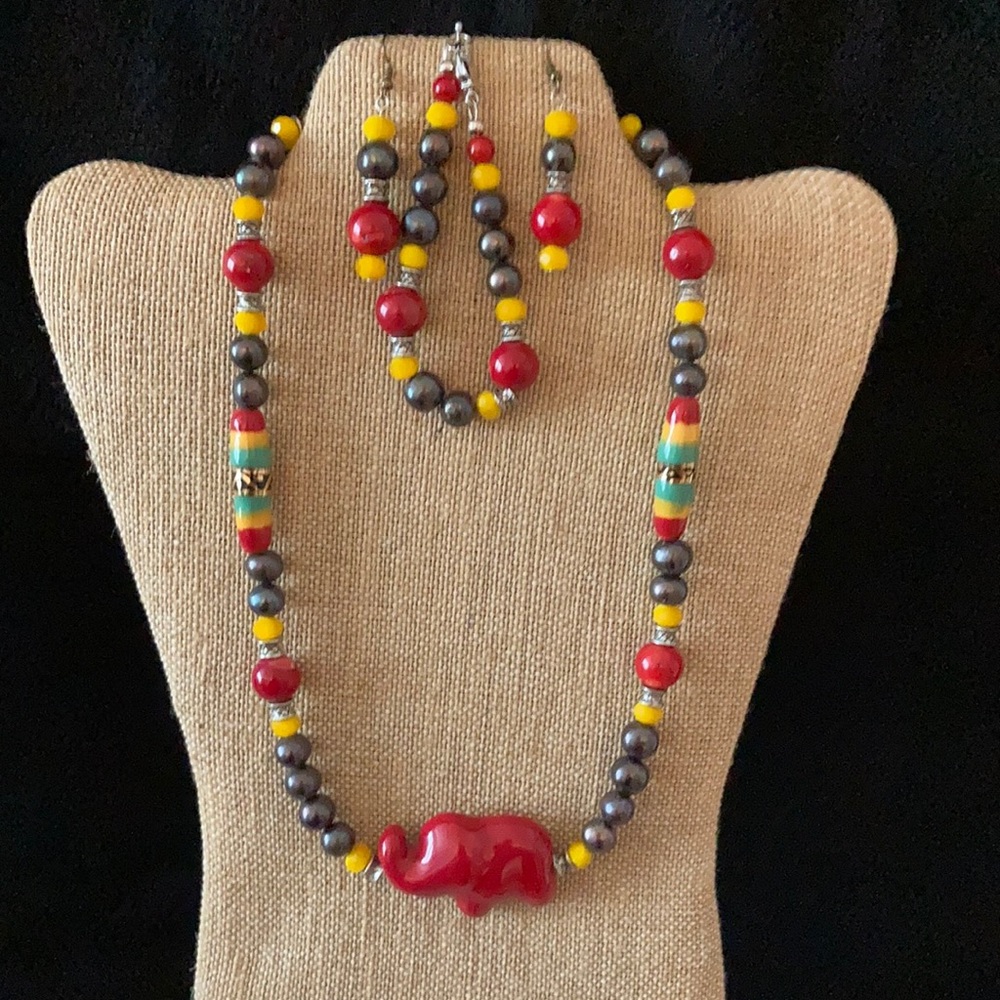 Kazuri w/Potato pearls, coral, and red elephant